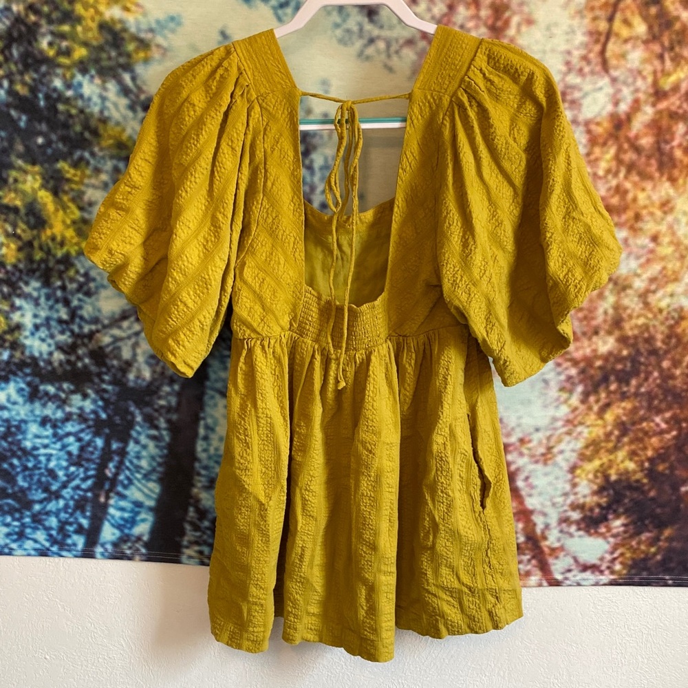 Free People chartreuse Mini Dress puff sleeves pockets open back square neckline - Picture 8 of 14